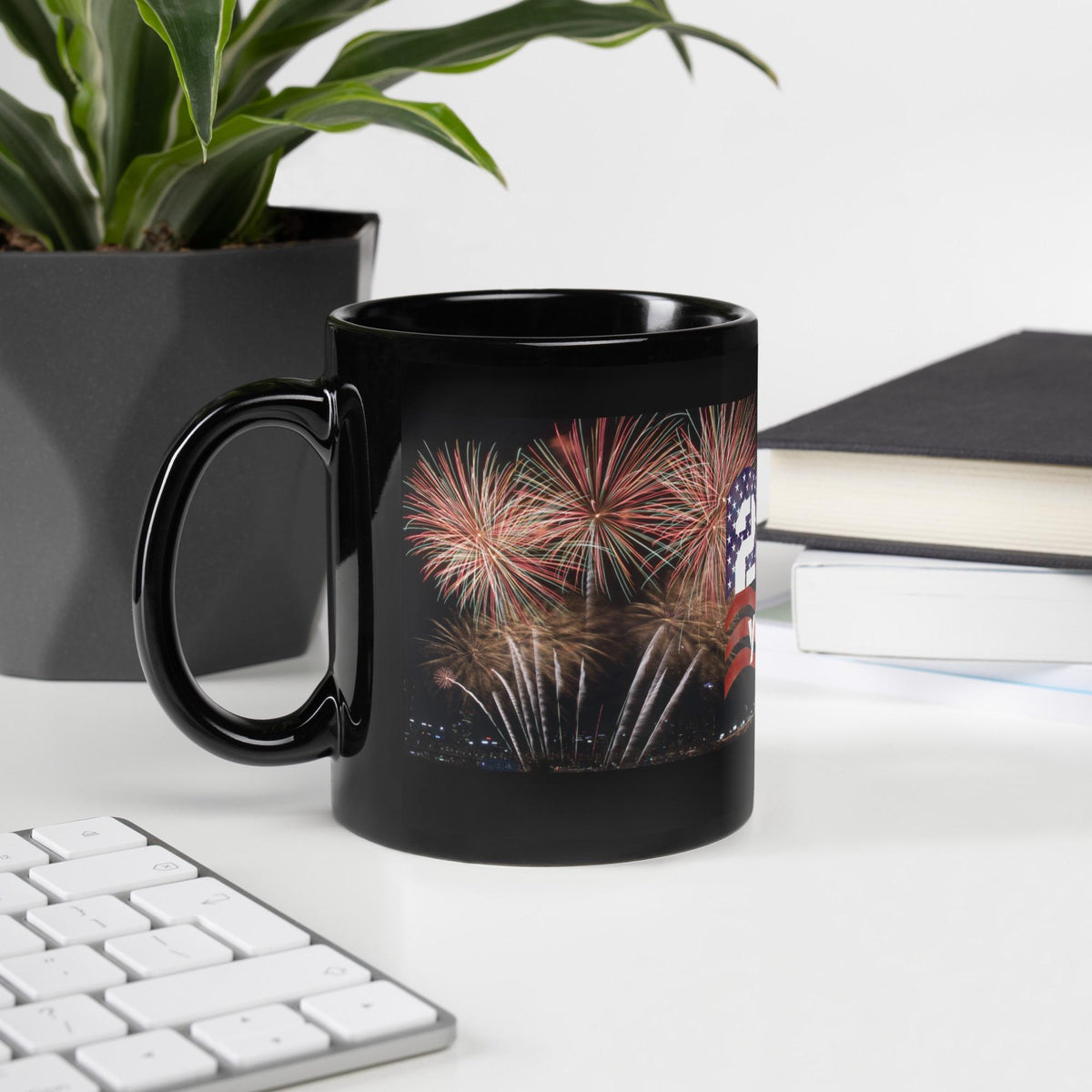 America 250 Years Fireworks & Flag Black Glossy Mug – 11 oz | Patriotic Gift