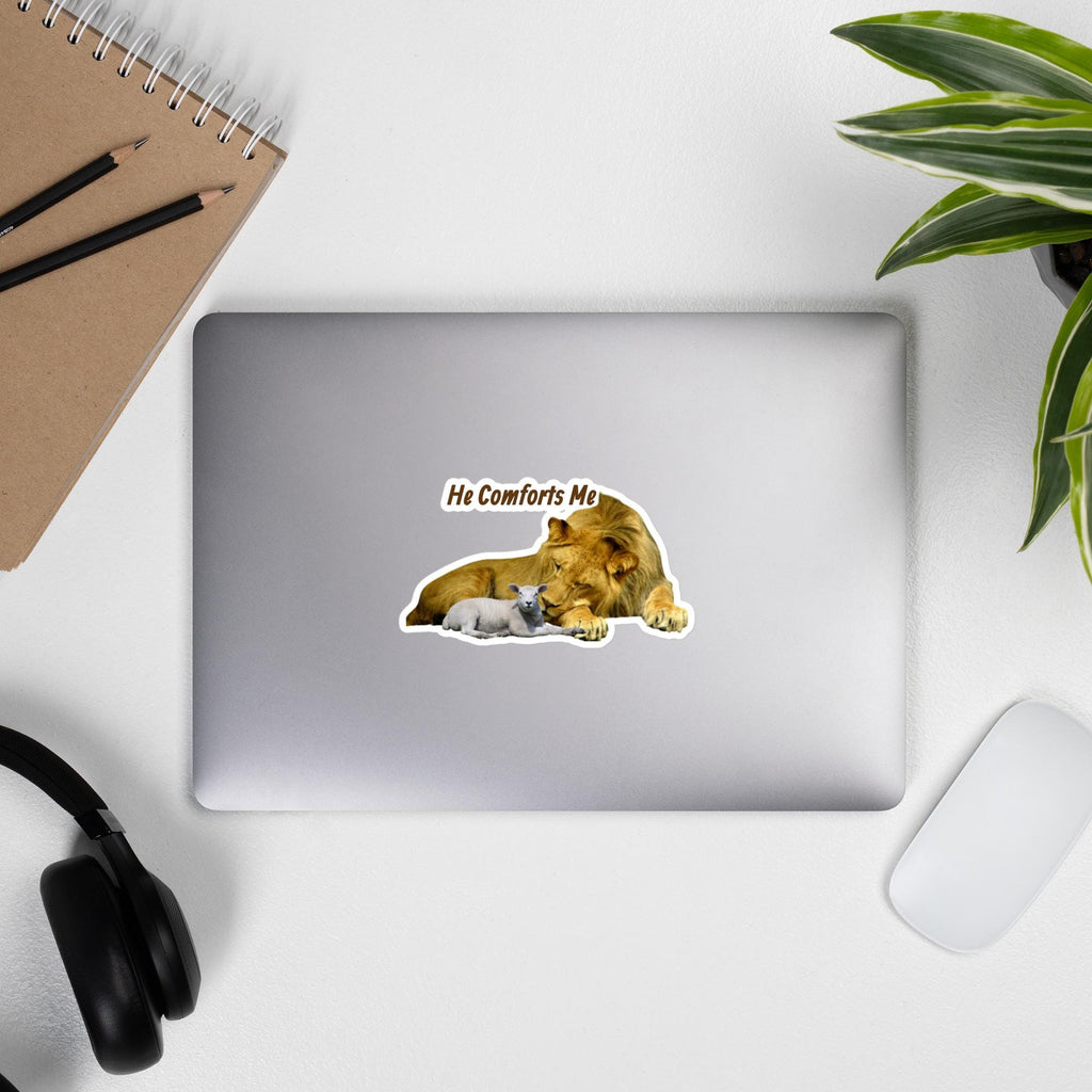 "He Comforts Me" Lion & Lamb Sticker – 5×5" | Christian Faith Sticker