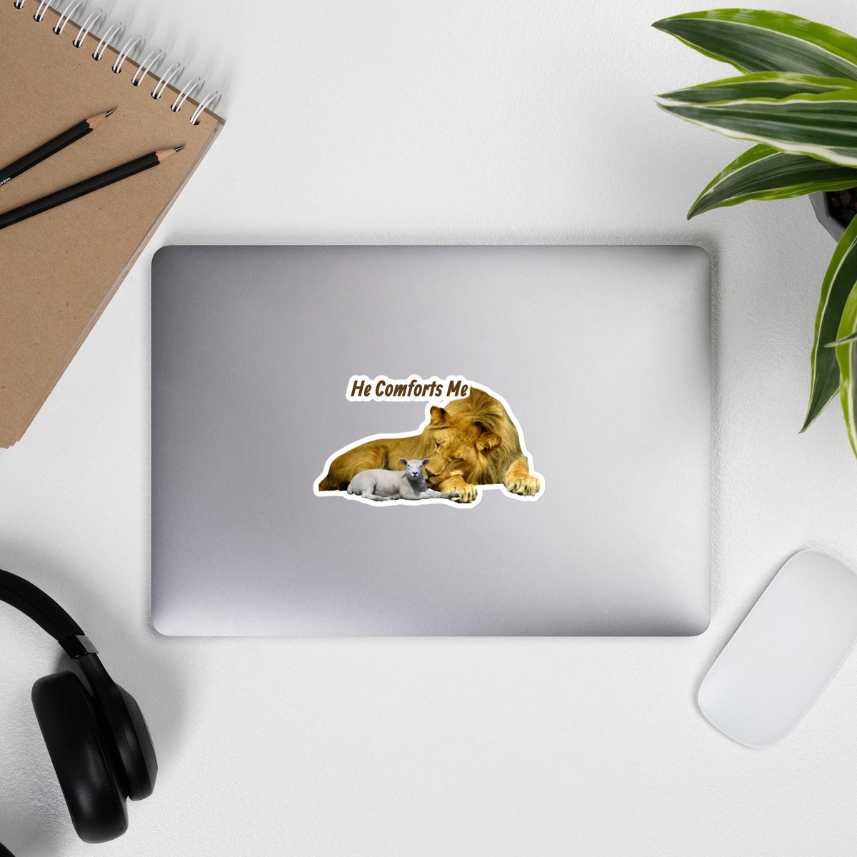 "He Comforts Me" Lion & Lamb Sticker – 5×5" | Christian Faith Sticker