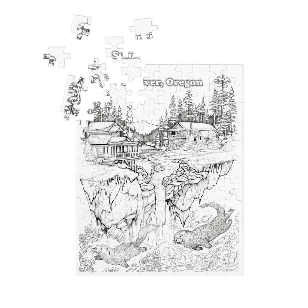 Sunriver Oregon Jigsaw Puzzle, Colorable Otters, Mountains, Cabin, Tin Box (8" x 10")