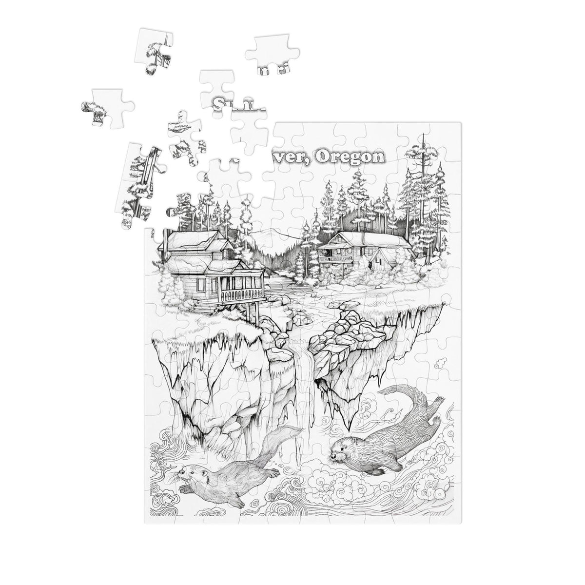 Sunriver Oregon Jigsaw Puzzle, Colorable Otters, Mountains, Cabin, Tin Box (8" x 10")