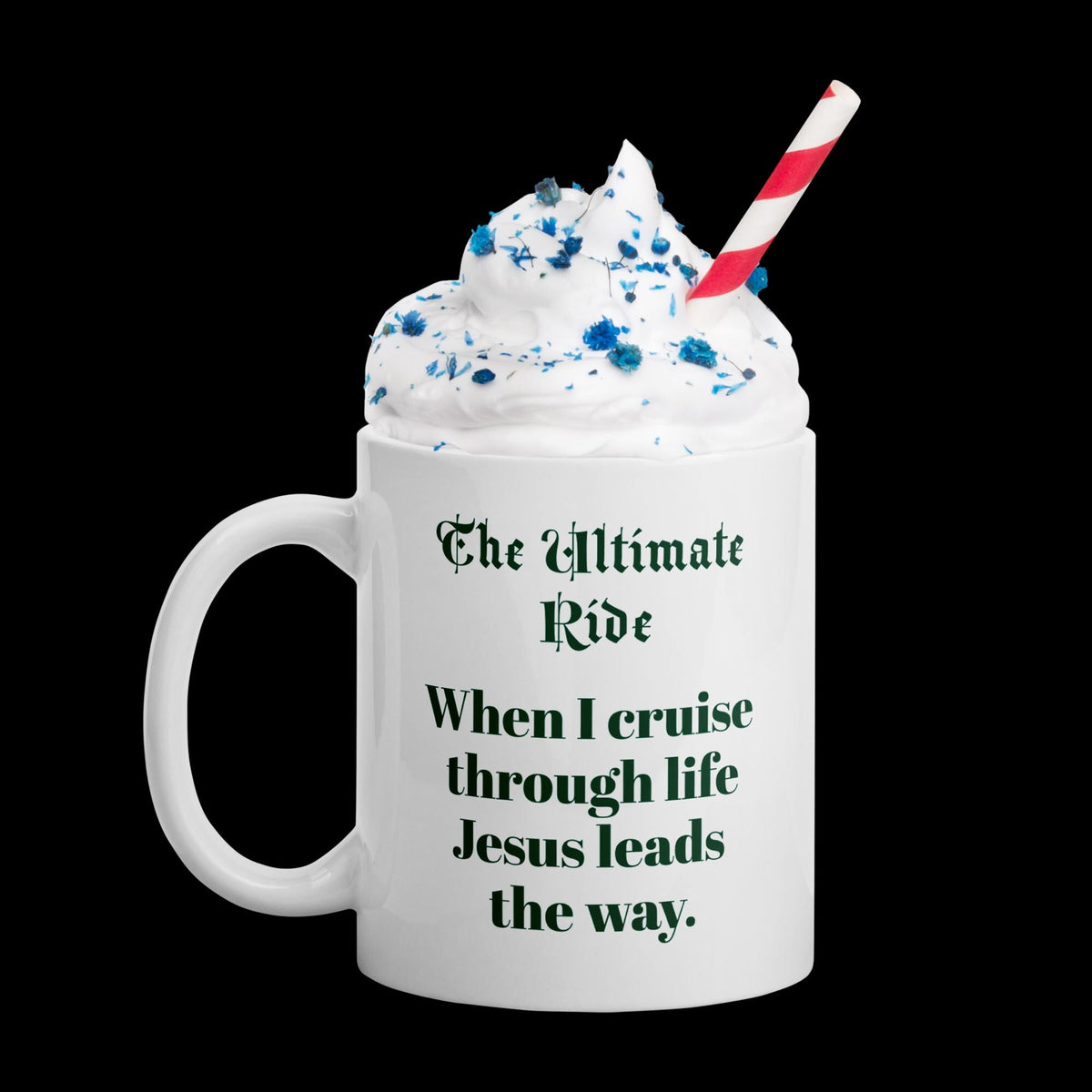 "The Ultimate Ride" Jesus Riding Motorcycle White Glossy Mug – 11 oz | Christian Biker Gift