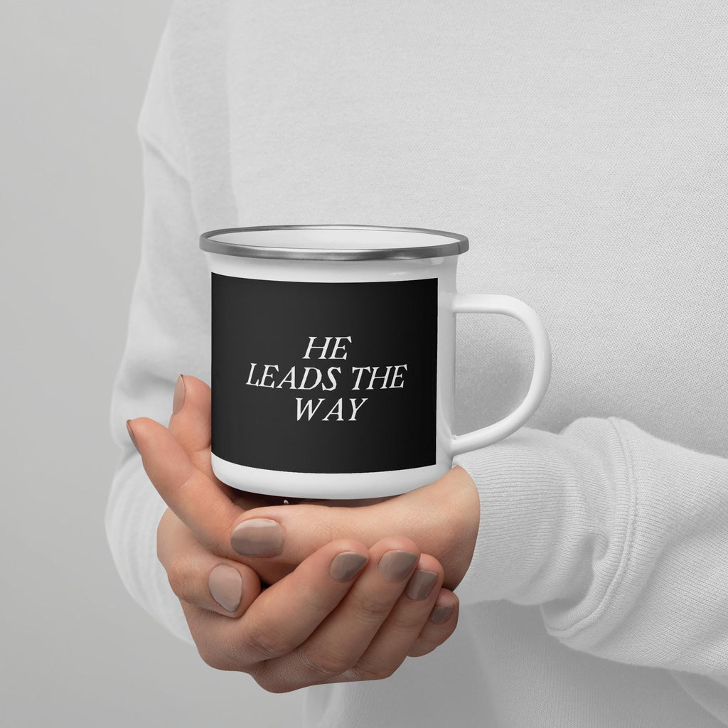 "He Leads the Way" Christian Biker Enamel Mug – 12 oz | Ride with Faith