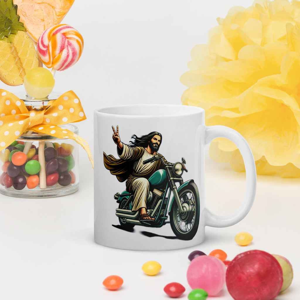 "The Ultimate Ride" Jesus Riding Motorcycle White Glossy Mug – 11 oz | Christian Biker Gift