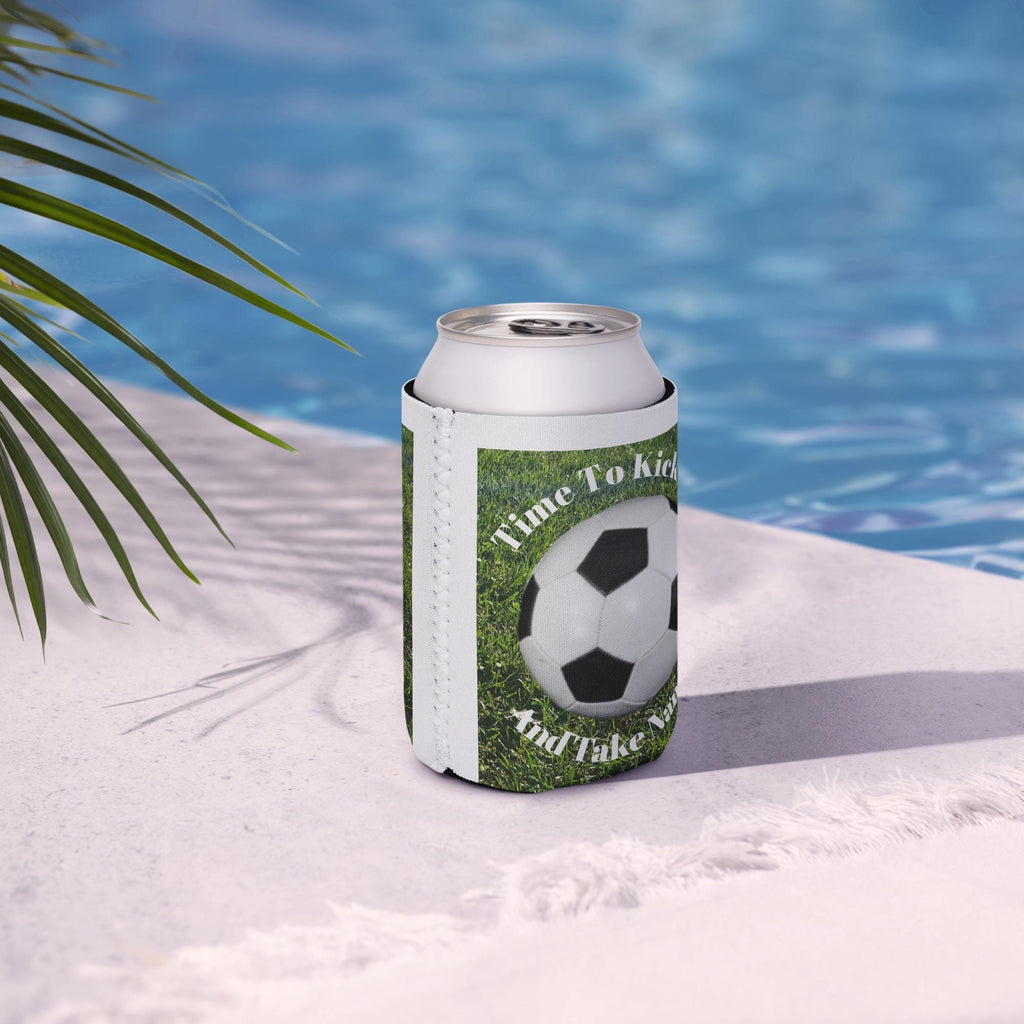 Soccer Ball Can Cooler – Green Grass Background | Soccer Fan Gift