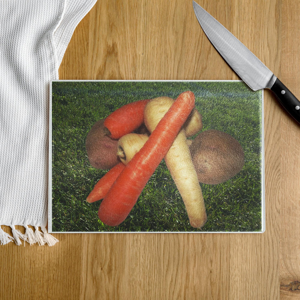 Vegetables & Grass Background Glass Cutting Board – 11×15" | Kitchen Gift for Cooks