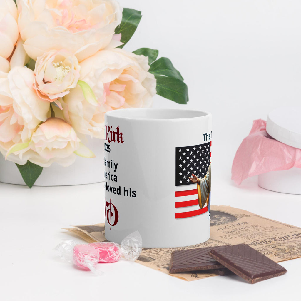 Charlie Kirk American Flag & Jesus White Glossy Mug – 11 oz | Patriotic Conservative Gift