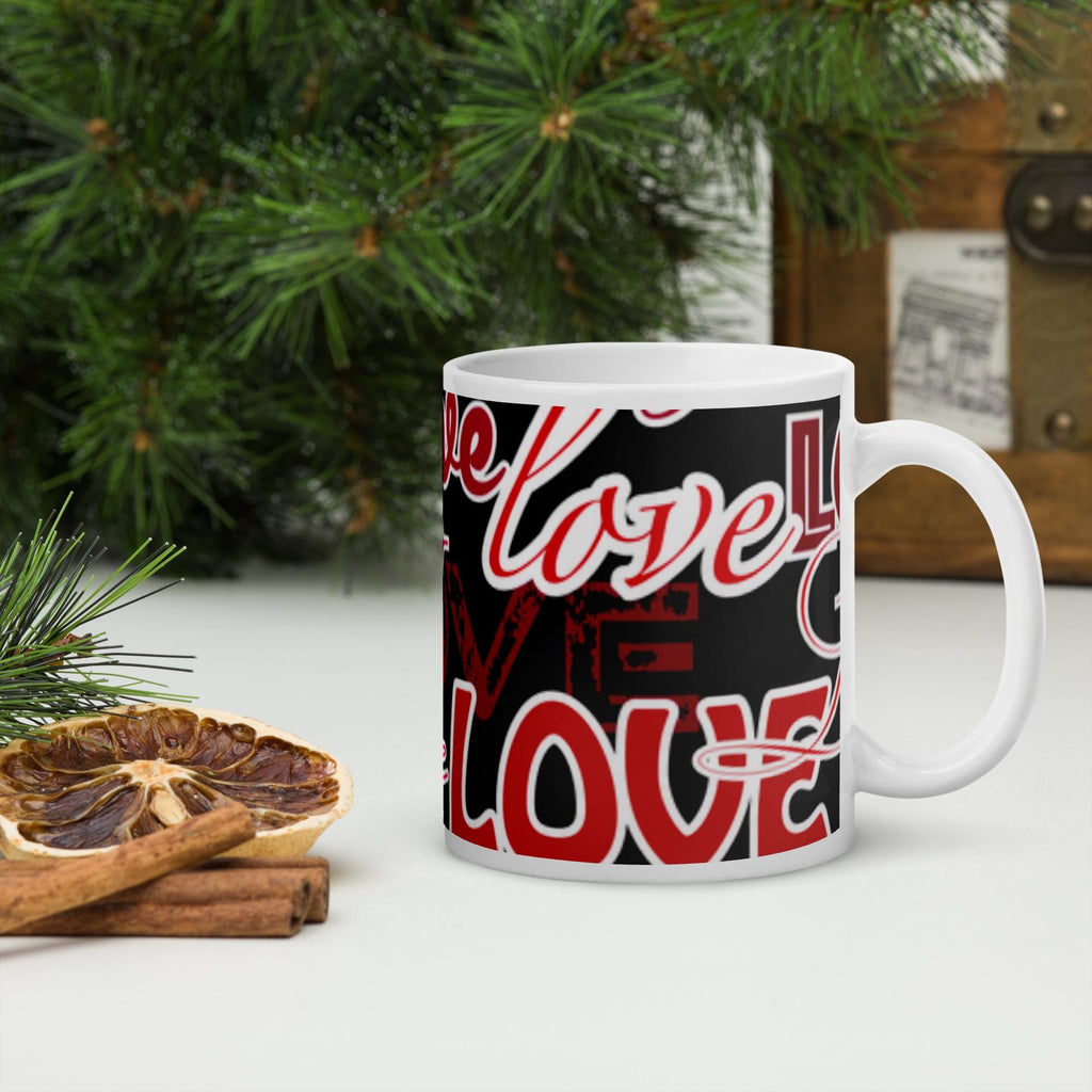 All-Over Love Words White Glossy Mug – 11 oz | Gift for Love Lovers