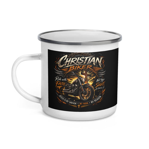 "He Leads the Way" Christian Biker Enamel Mug – 12 oz | Ride with Faith