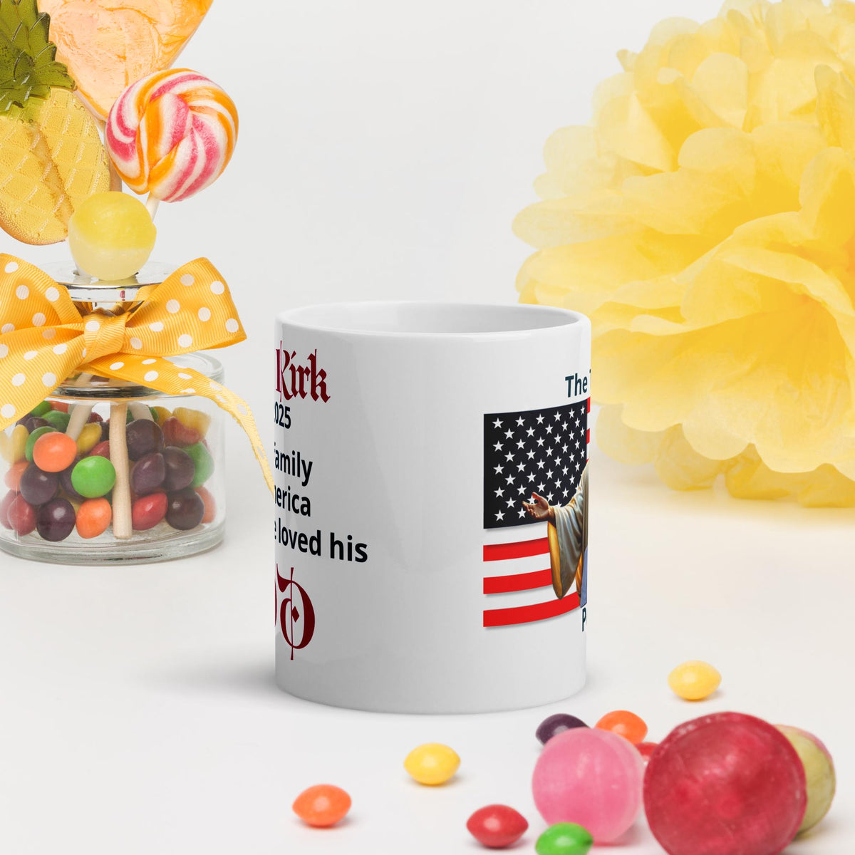 Charlie Kirk American Flag & Jesus White Glossy Mug – 11 oz | Patriotic Conservative Gift