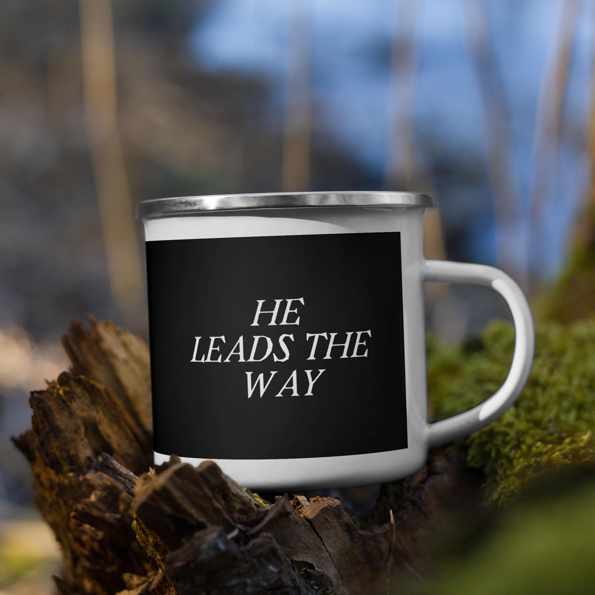 "He Leads the Way" Christian Biker Enamel Mug – 12 oz | Ride with Faith
