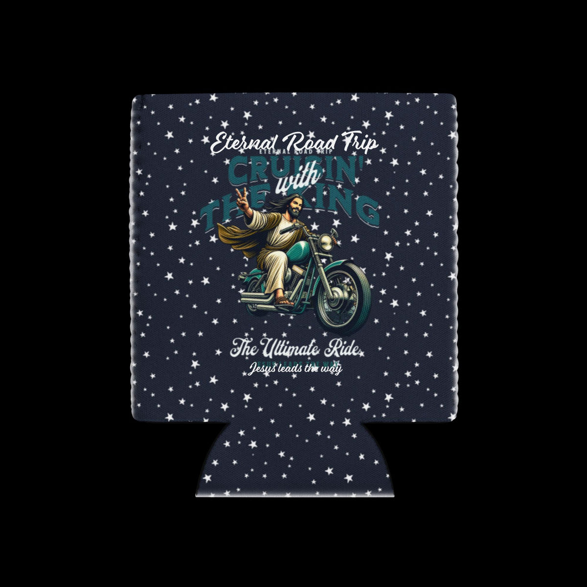 "Eternal Road Trip" Jesus Motorcycle Can Cooler – 12 oz