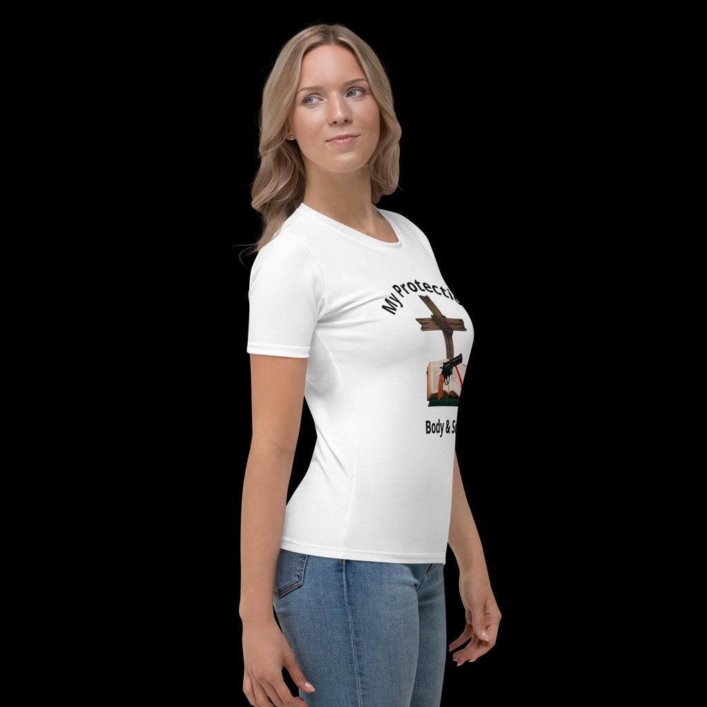 "My Protection, Body & Soul" Women's T-Shirt – Cross, Bible & Handgun