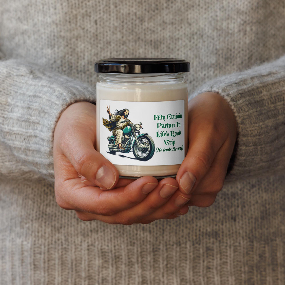 Jesus on Motorcycle Soy Candle – Christian Biker Gift