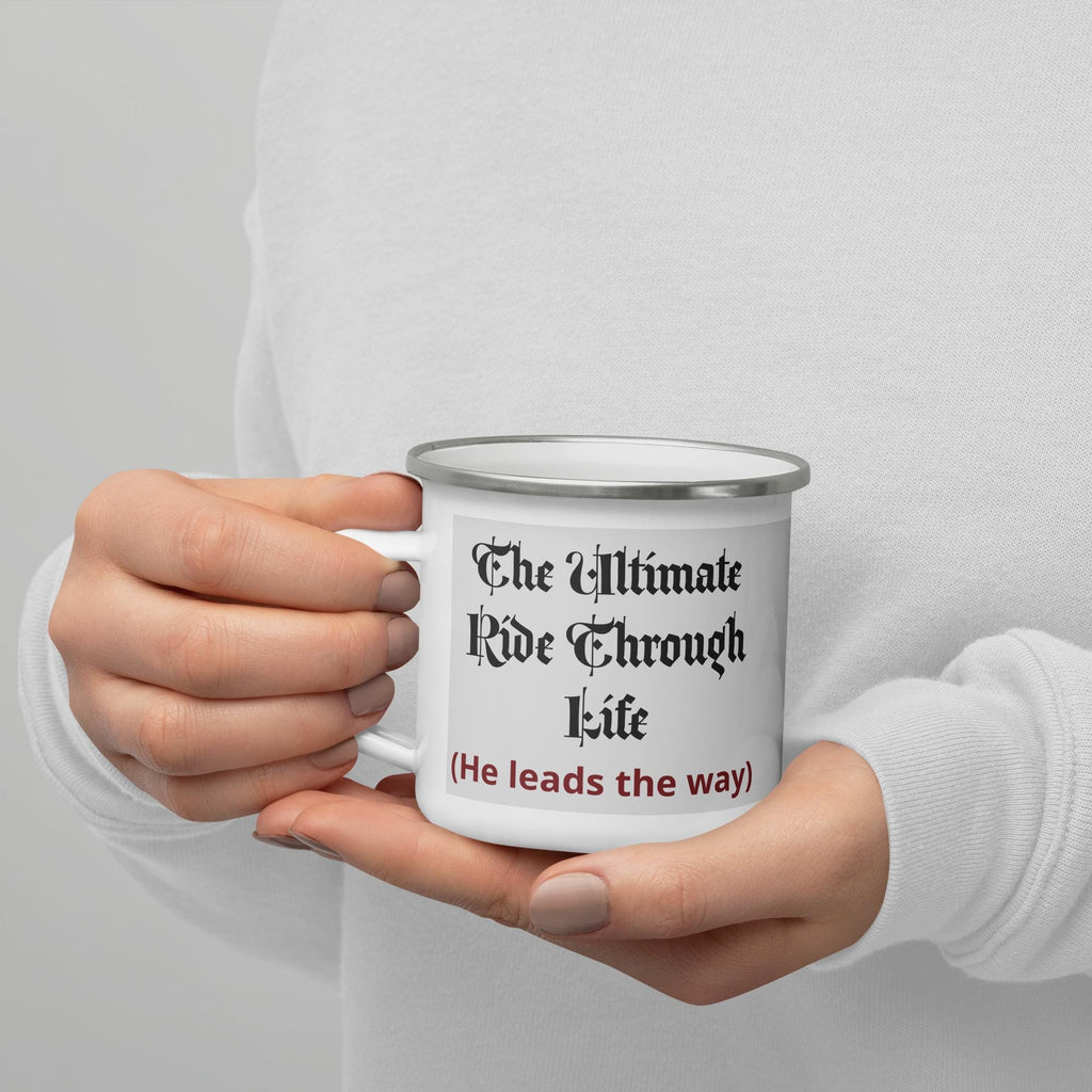 Jesus Riding Motorcycle Enamel Mug – 12 oz | Christian Biker Gift