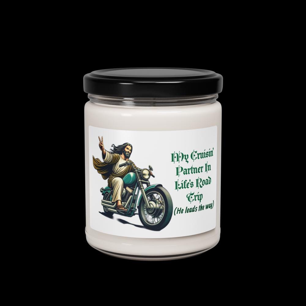 Jesus on Motorcycle Soy Candle – Christian Biker Gift
