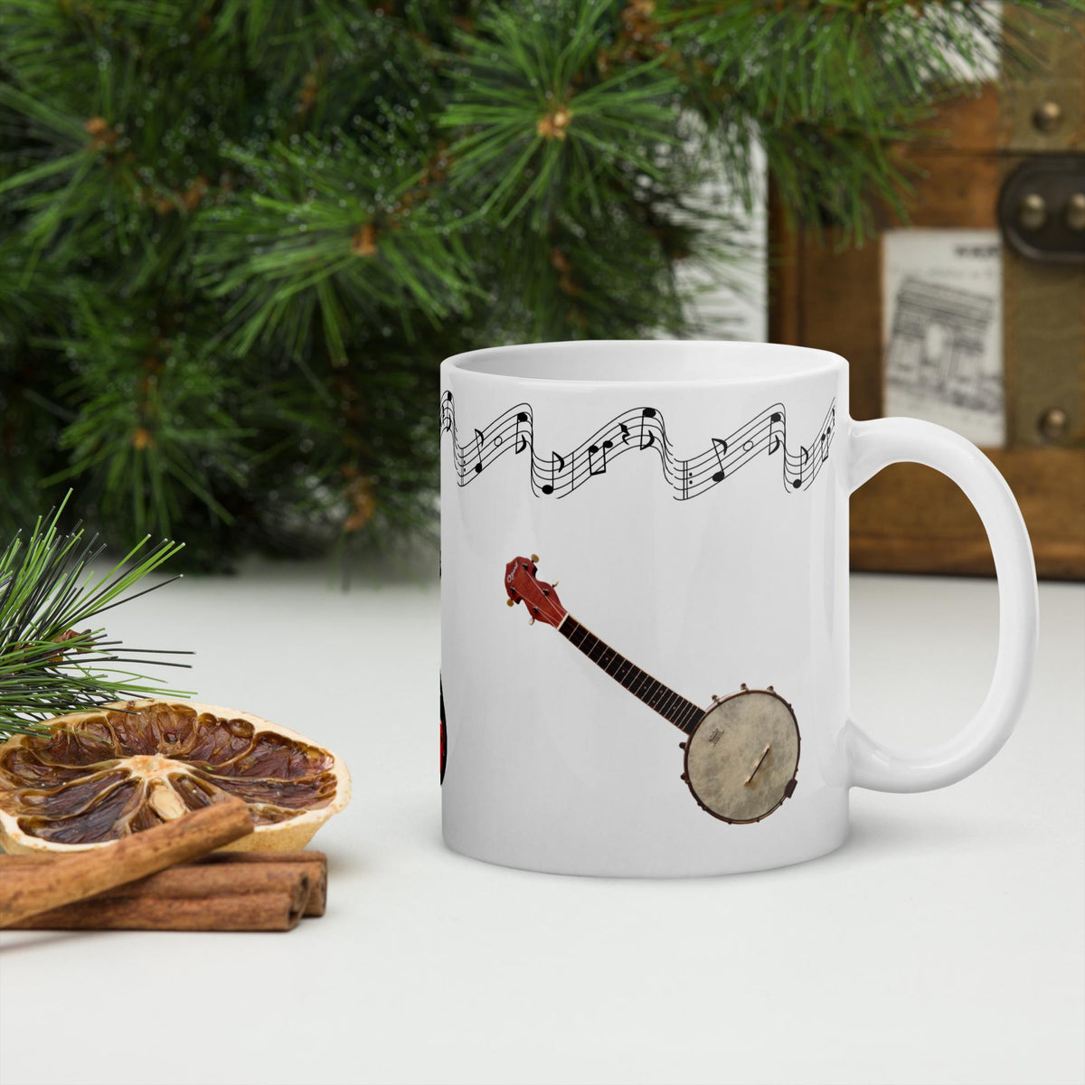 Mandolin, Guitar & Banjo Music White Glossy Mug – 11 oz | Music Lover Gift