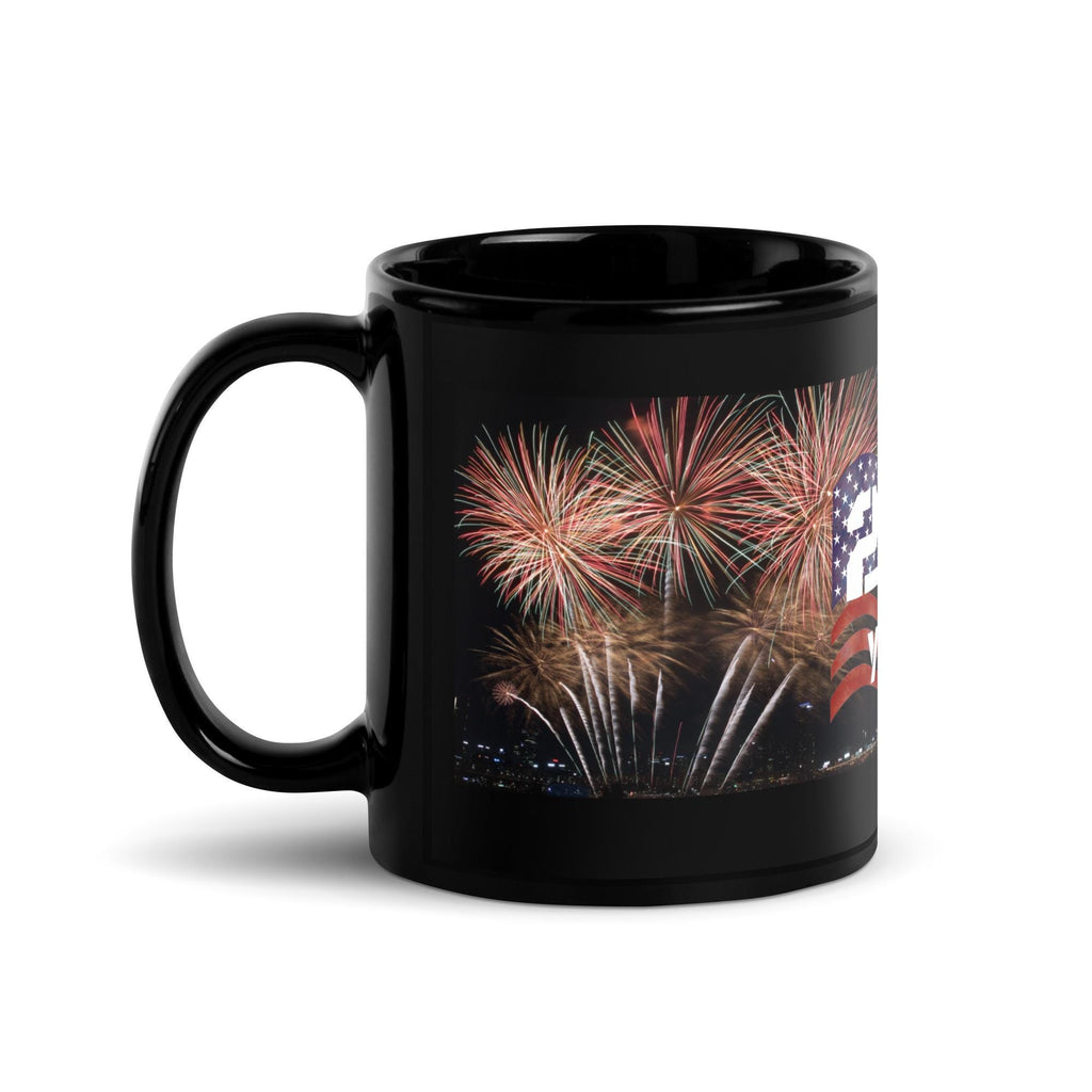 America 250 Years Fireworks & Flag Black Glossy Mug – 11 oz | Patriotic Gift