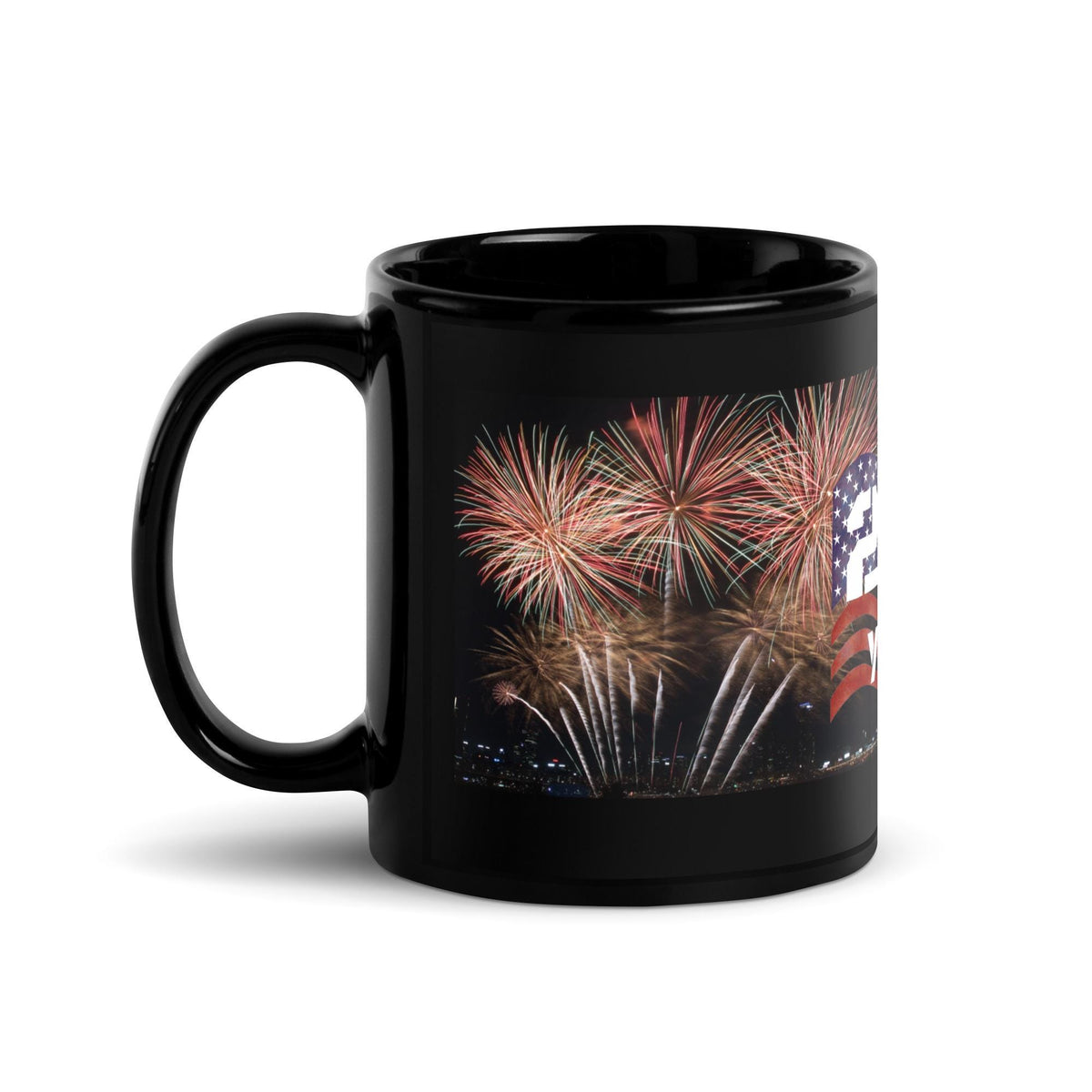 America 250 Years Fireworks & Flag Black Glossy Mug – 11 oz | Patriotic Gift