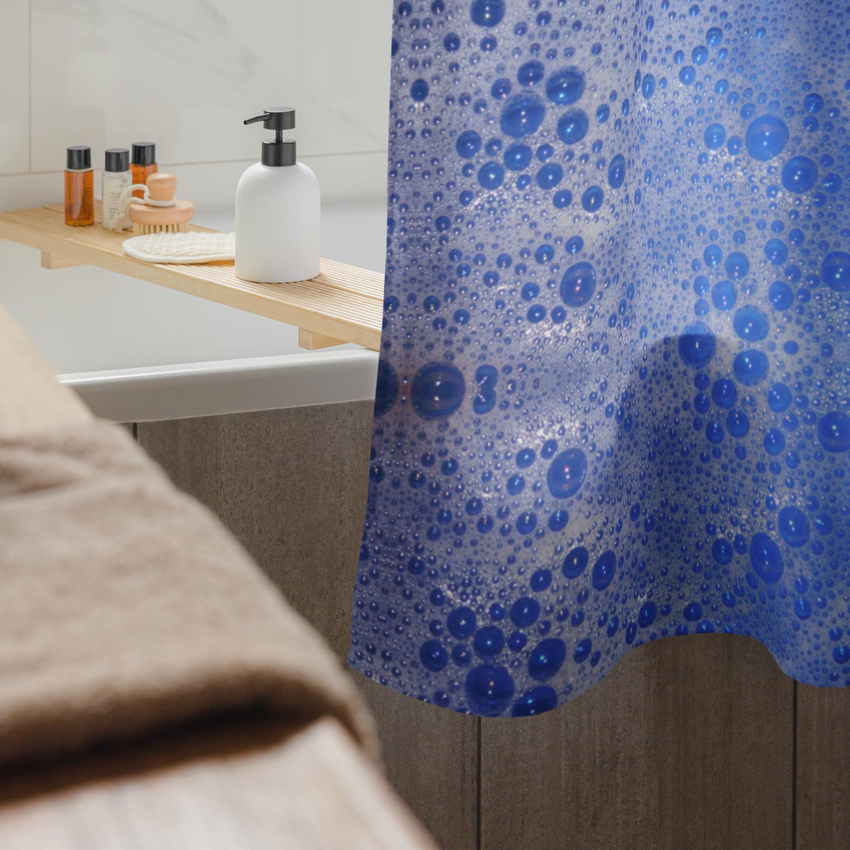 Soap Bubbles Shower Curtain – Blue Background, Unique Bathroom Gift for Her