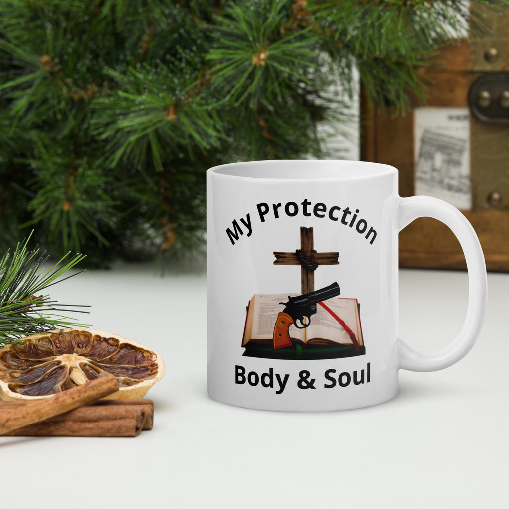 "My Protection, Body & Soul" White Glossy Mug – Cross, Bible & Handgun