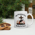 "My Protection, Body & Soul" White Glossy Mug – Cross, Bible & Handgun