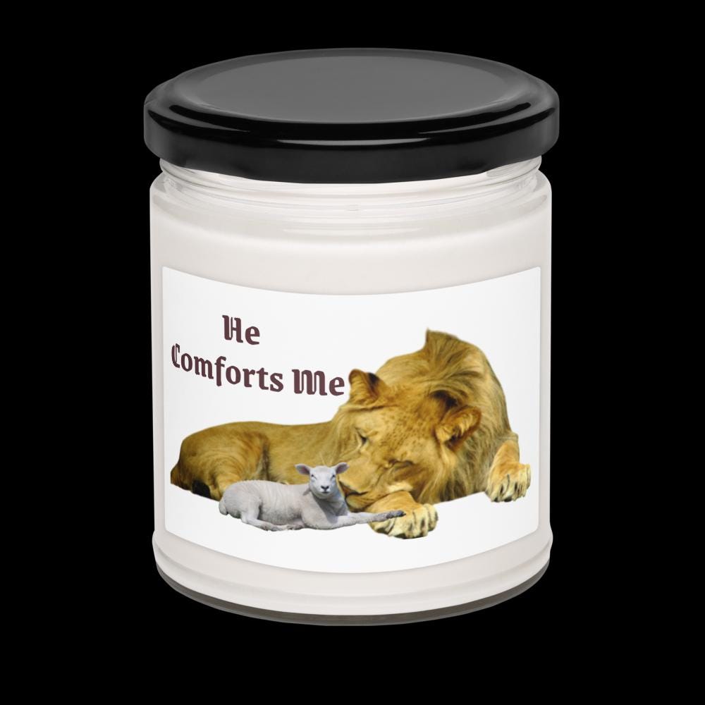 "He Comforts Me" Lion & Lamb Scented Soy Candle With Lid – 9 oz | Christian Gift