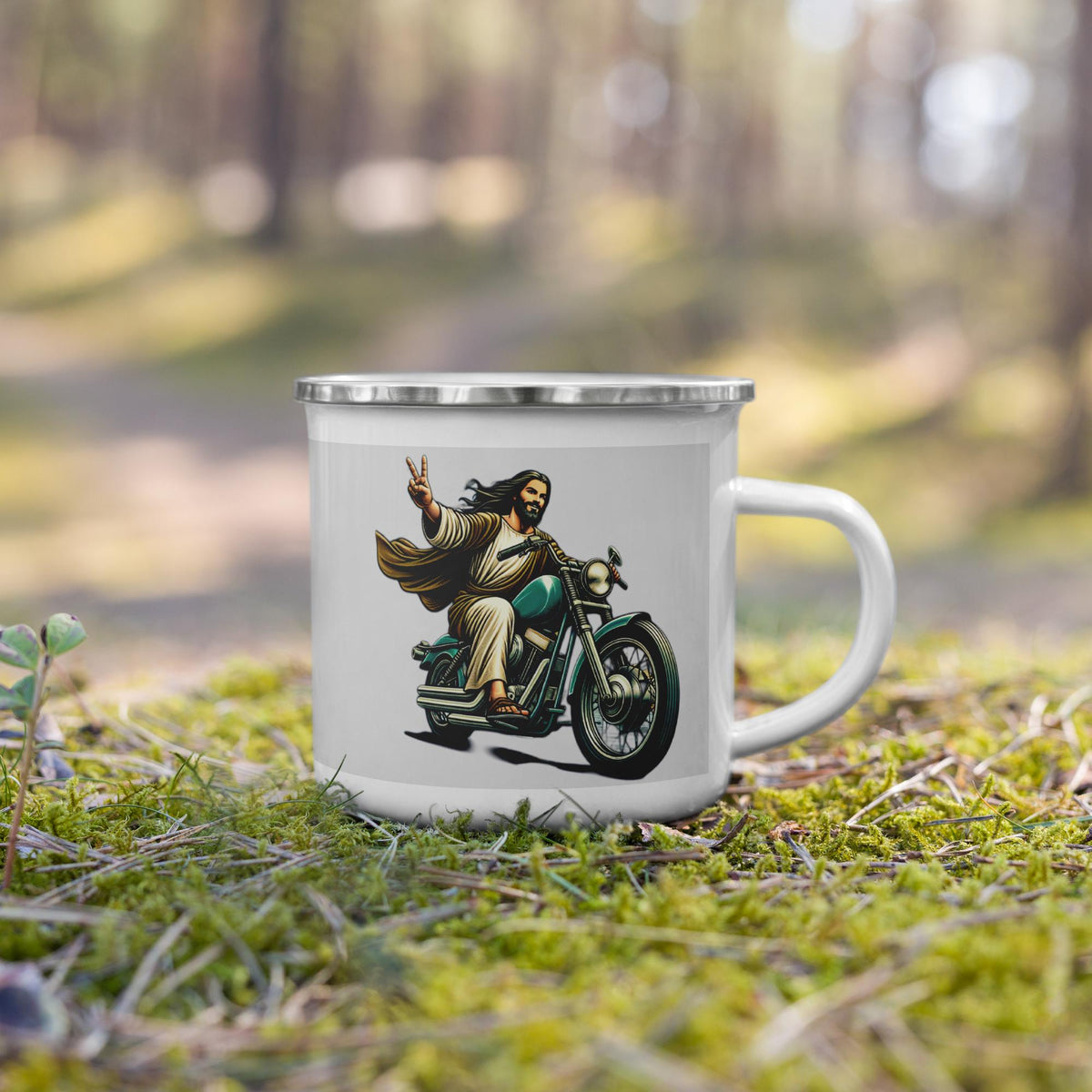 Jesus Riding Motorcycle Enamel Mug – 12 oz | Christian Biker Gift