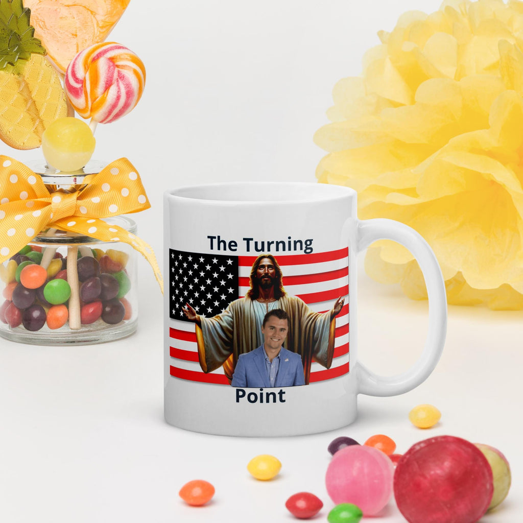 Charlie Kirk American Flag & Jesus White Glossy Mug – 11 oz | Patriotic Conservative Gift