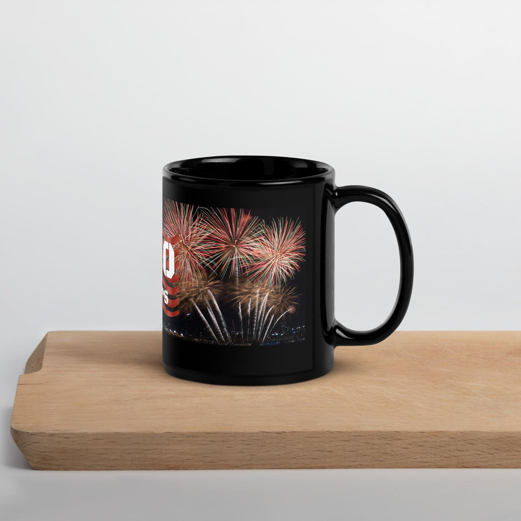 America 250 Years Fireworks & Flag Black Glossy Mug – 11 oz | Patriotic Gift