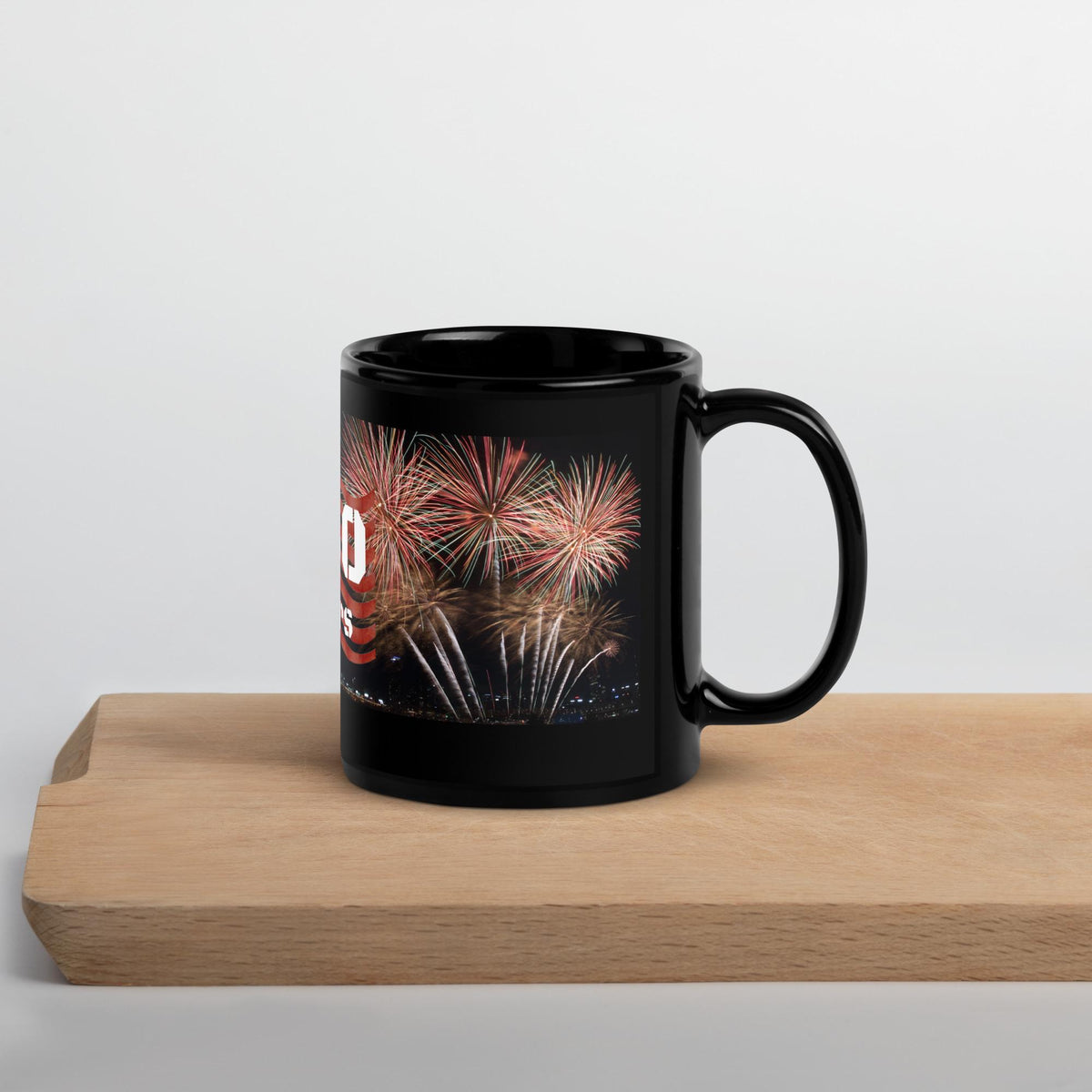America 250 Years Fireworks & Flag Black Glossy Mug – 11 oz | Patriotic Gift