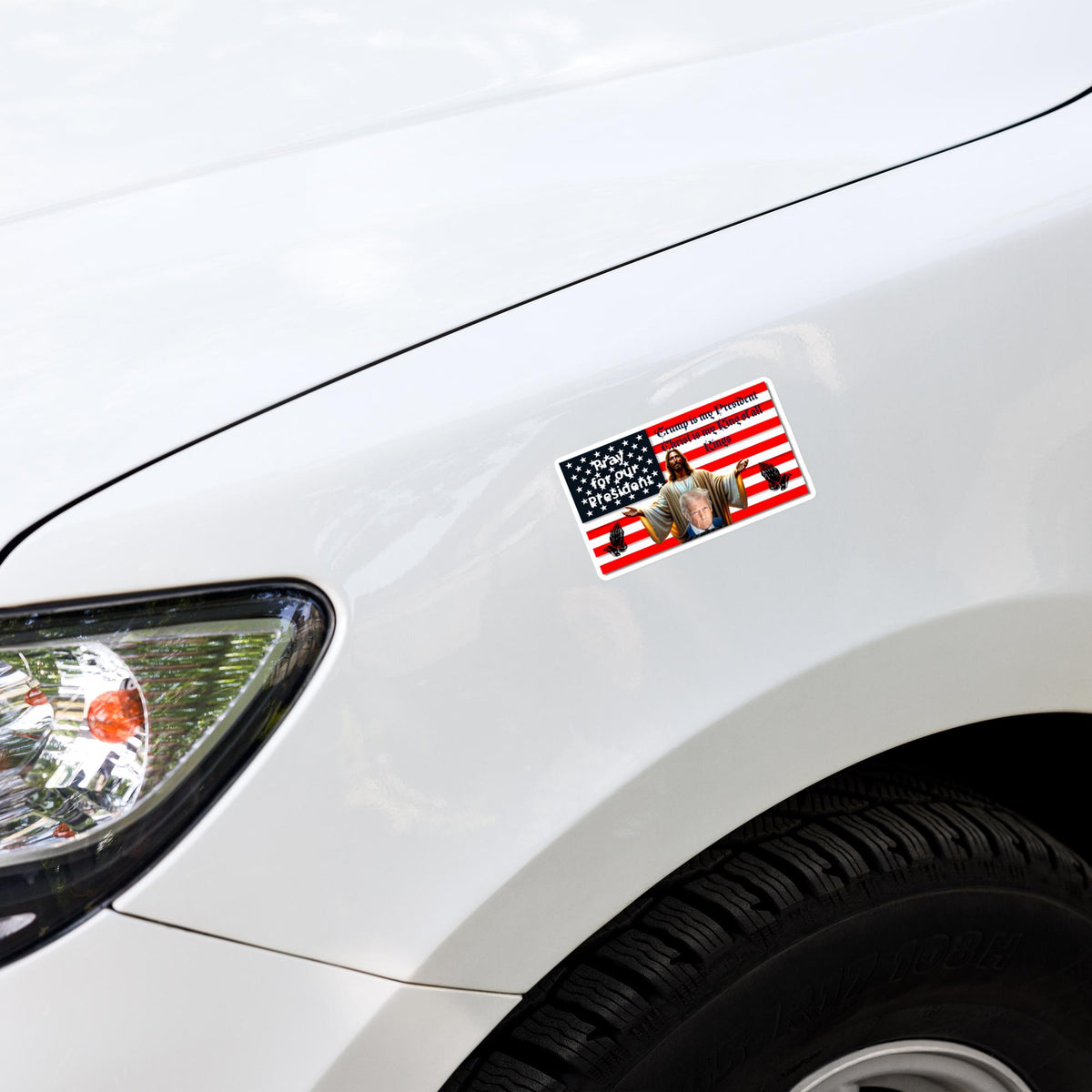 Christ Behind Trump American Flag Sticker – 5×5" | Patriotic Christian Gift