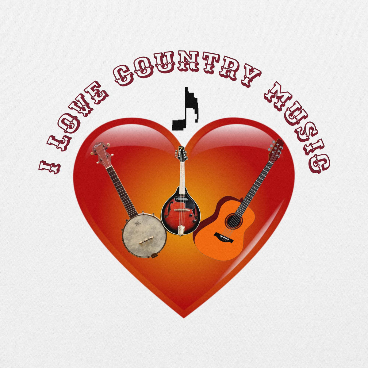 "I Love Country Music" Guitar, Mandolin & Banjo Unisex Hoodie | Country Music Gift