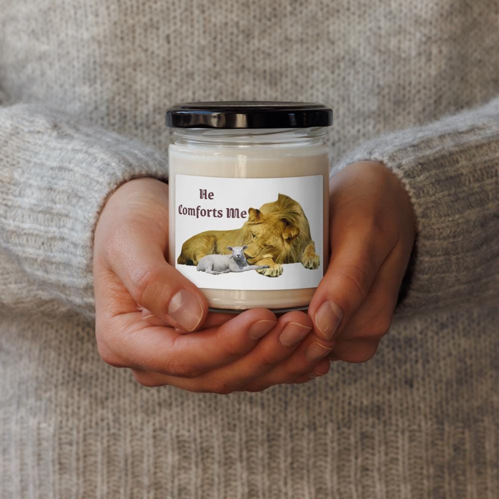 "He Comforts Me" Lion & Lamb Scented Soy Candle With Lid – 9 oz | Christian Gift