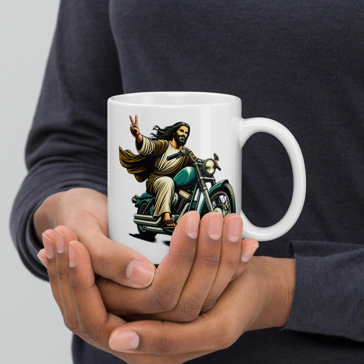 "The Ultimate Ride" Jesus Riding Motorcycle White Glossy Mug – 11 oz | Christian Biker Gift