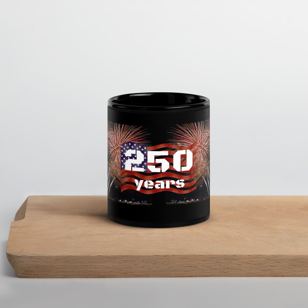 America 250 Years Fireworks & Flag Black Glossy Mug – 11 oz | Patriotic Gift