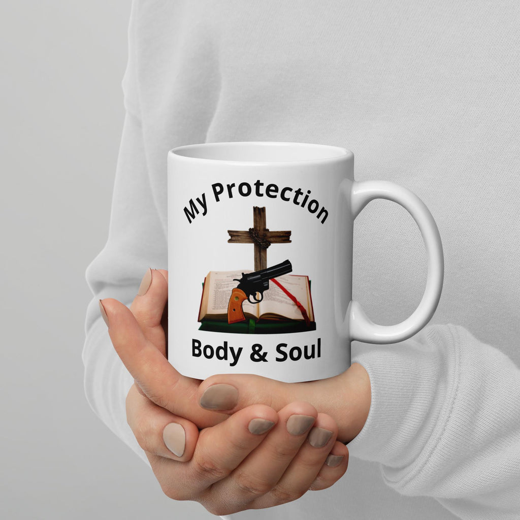"My Protection, Body & Soul" White Glossy Mug – Cross, Bible & Handgun