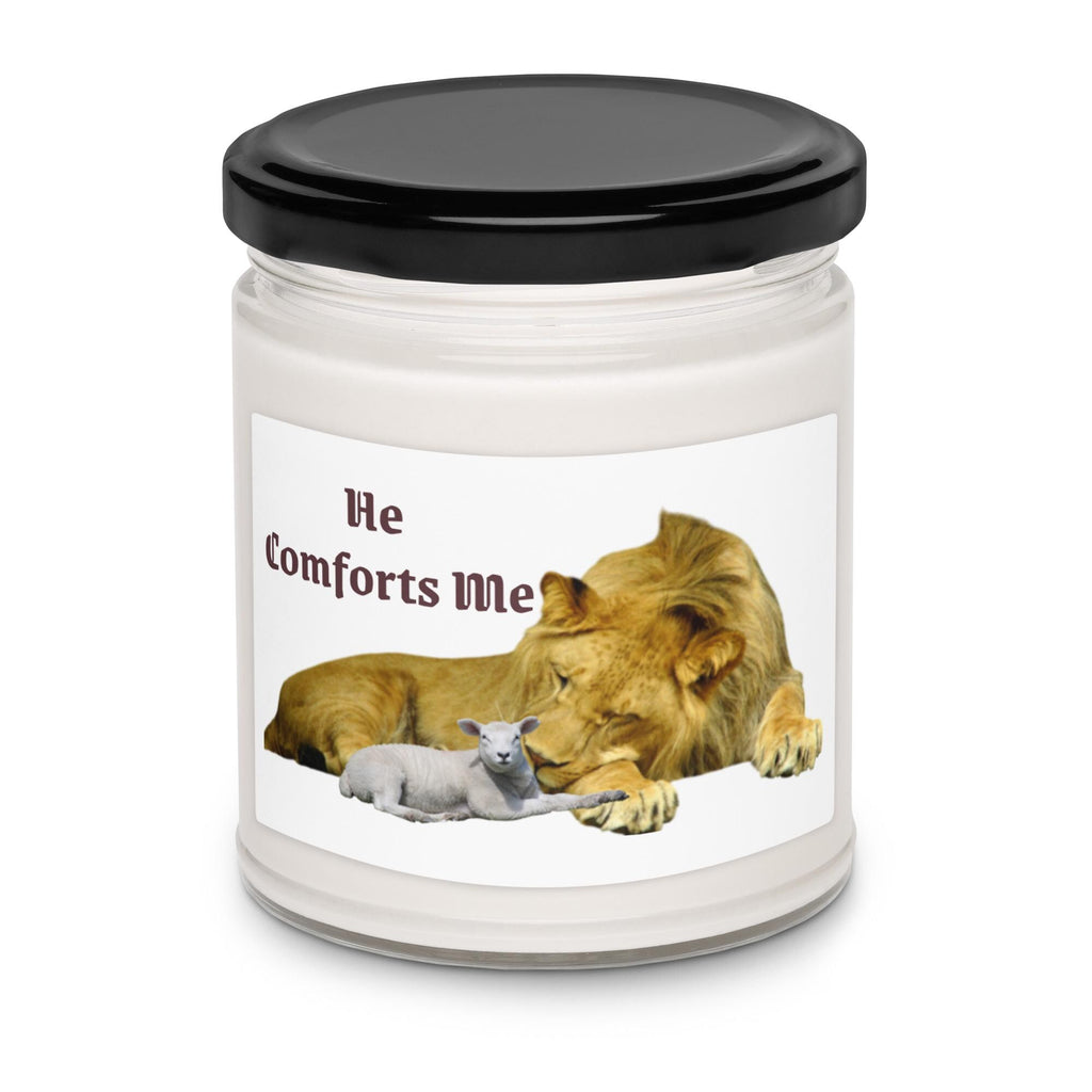 "He Comforts Me" Lion & Lamb Scented Soy Candle With Lid – 9 oz | Christian Gift