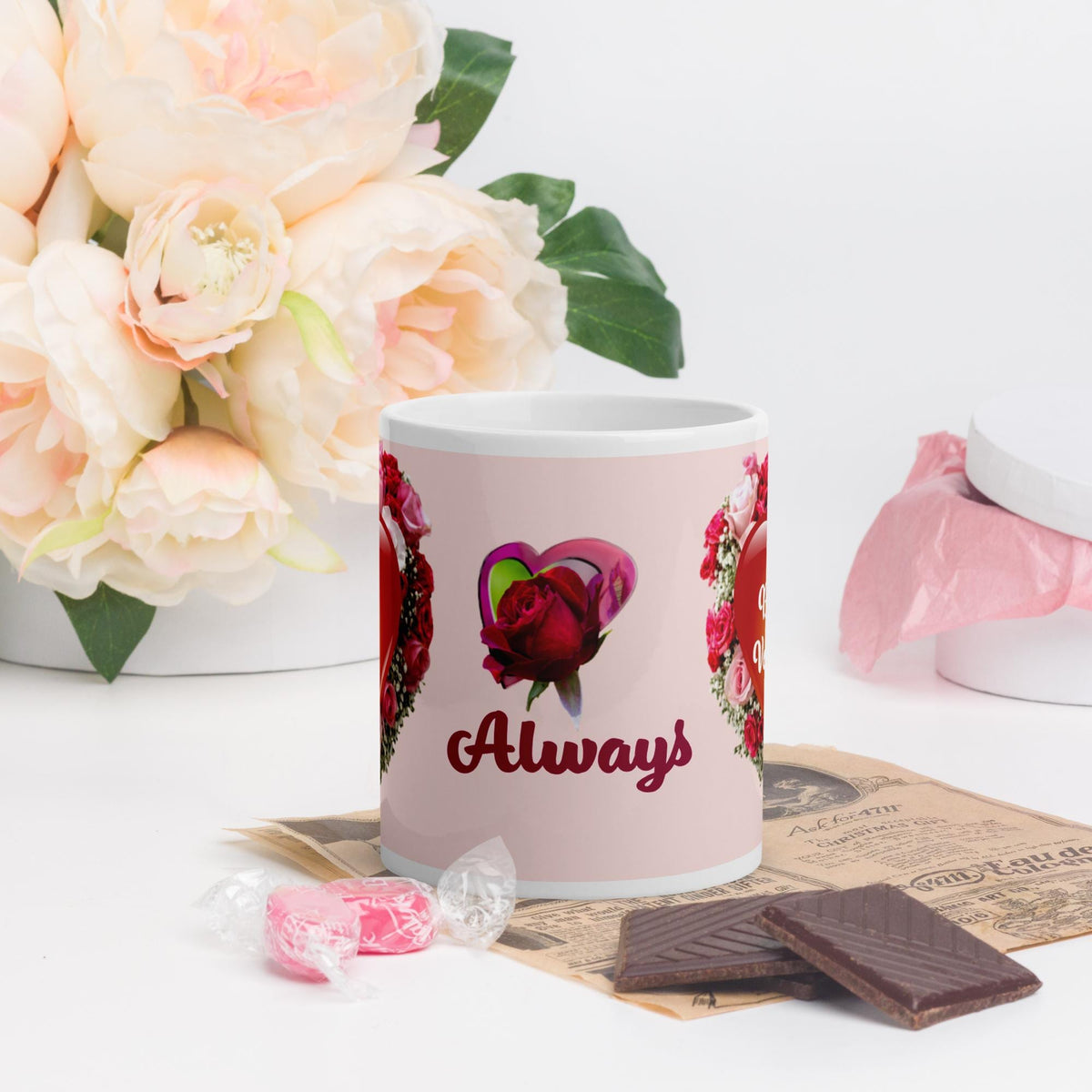 Heart & Roses Glossy Mug – 11 oz | Valentine's Day Gift for Her or Him