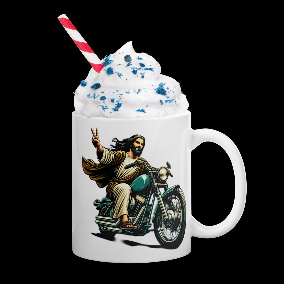 "The Ultimate Ride" Jesus Riding Motorcycle White Glossy Mug – 11 oz | Christian Biker Gift
