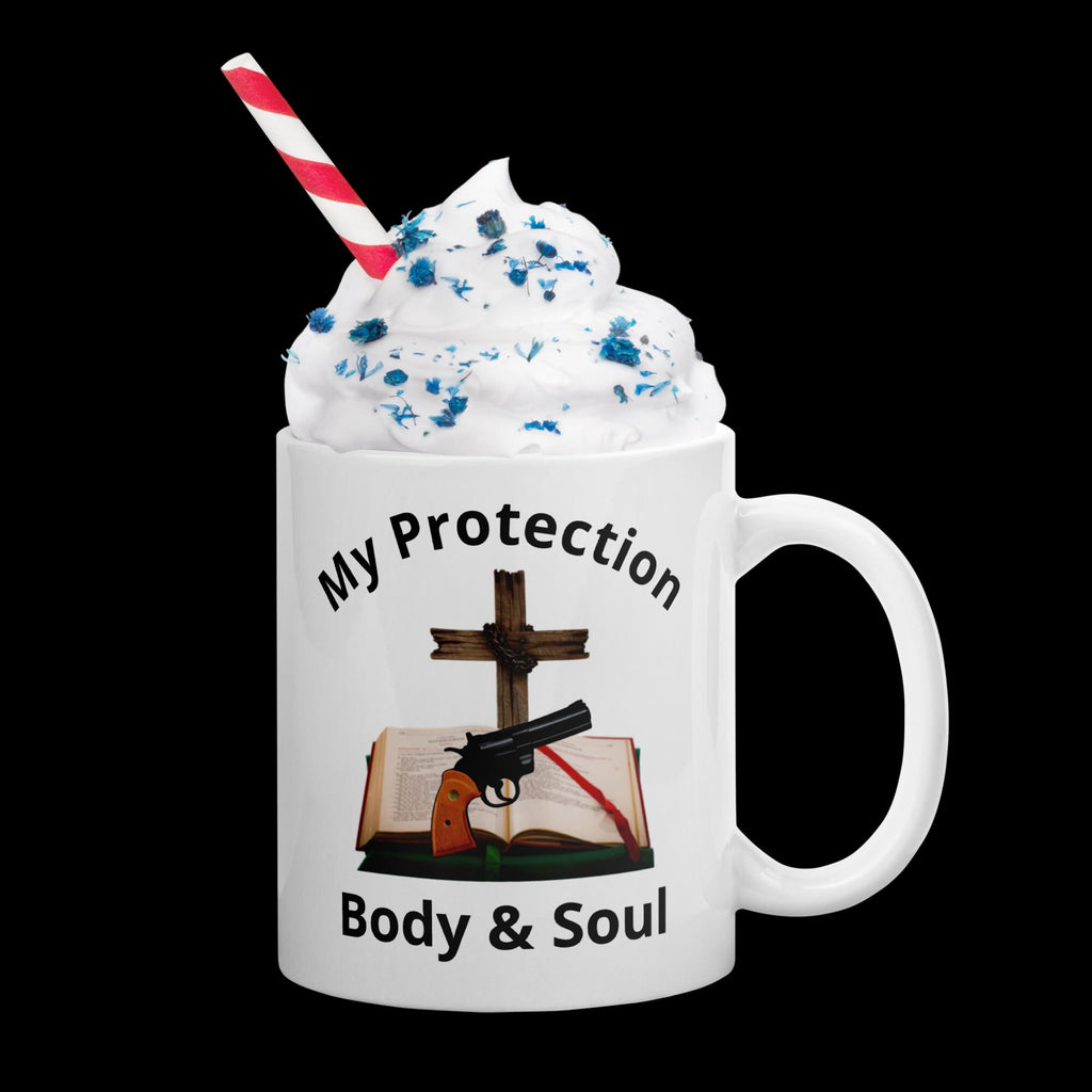 "My Protection, Body & Soul" White Glossy Mug – Cross, Bible & Handgun
