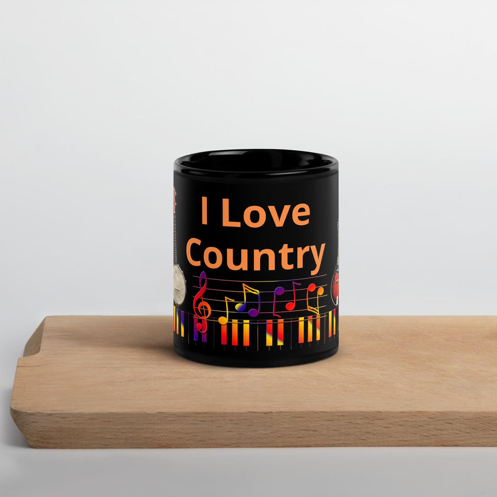 "I Love Country Music" Black Glossy Mug – 11 oz | Country Music Gift
