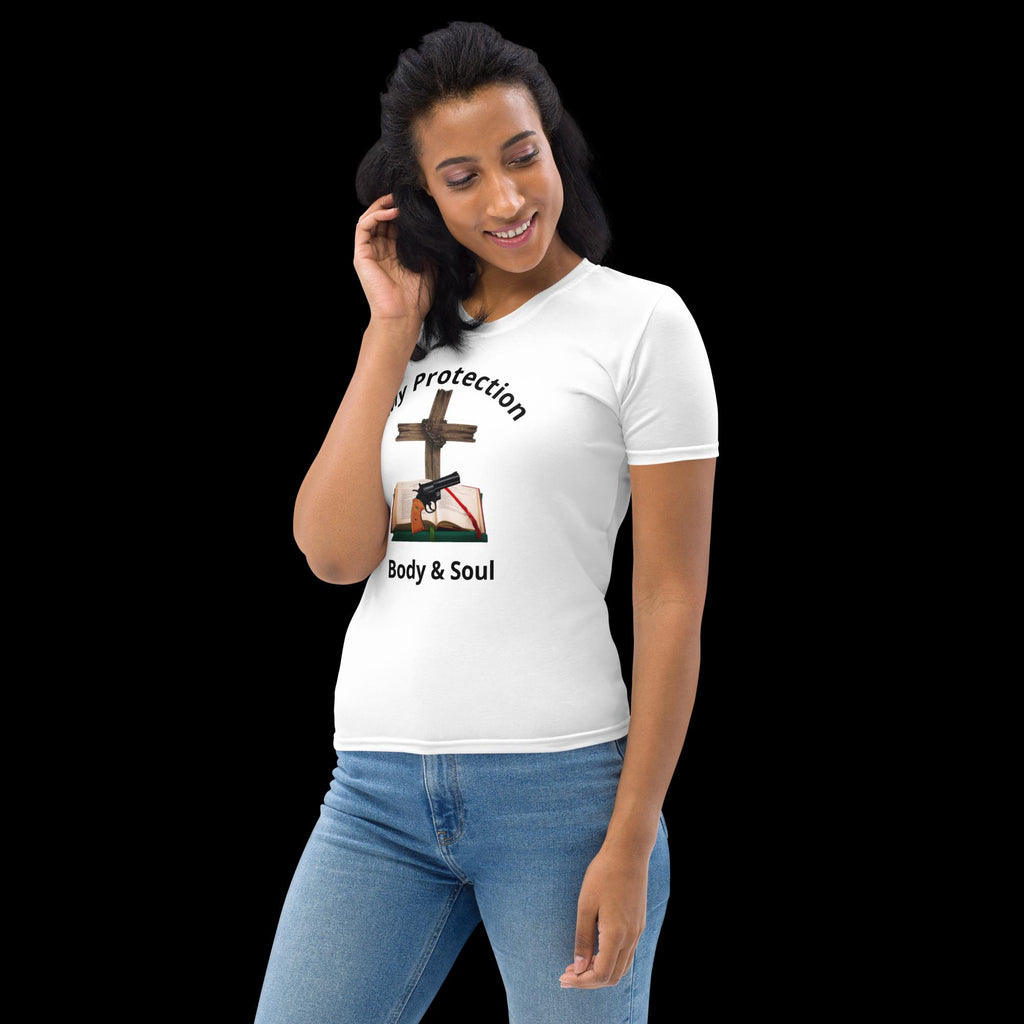 "My Protection, Body & Soul" Women's T-Shirt – Cross, Bible & Handgun