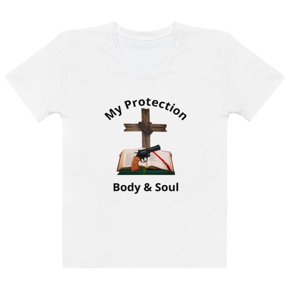 "My Protection, Body & Soul" Women's T-Shirt – Cross, Bible & Handgun