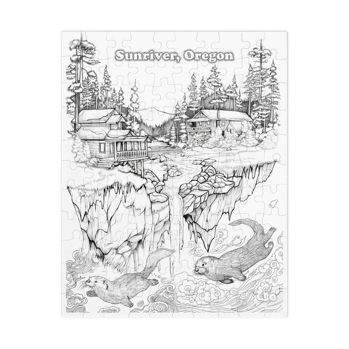 Sunriver Oregon Jigsaw Puzzle, Colorable Otters, Mountains, Cabin, Tin Box (8" x 10")