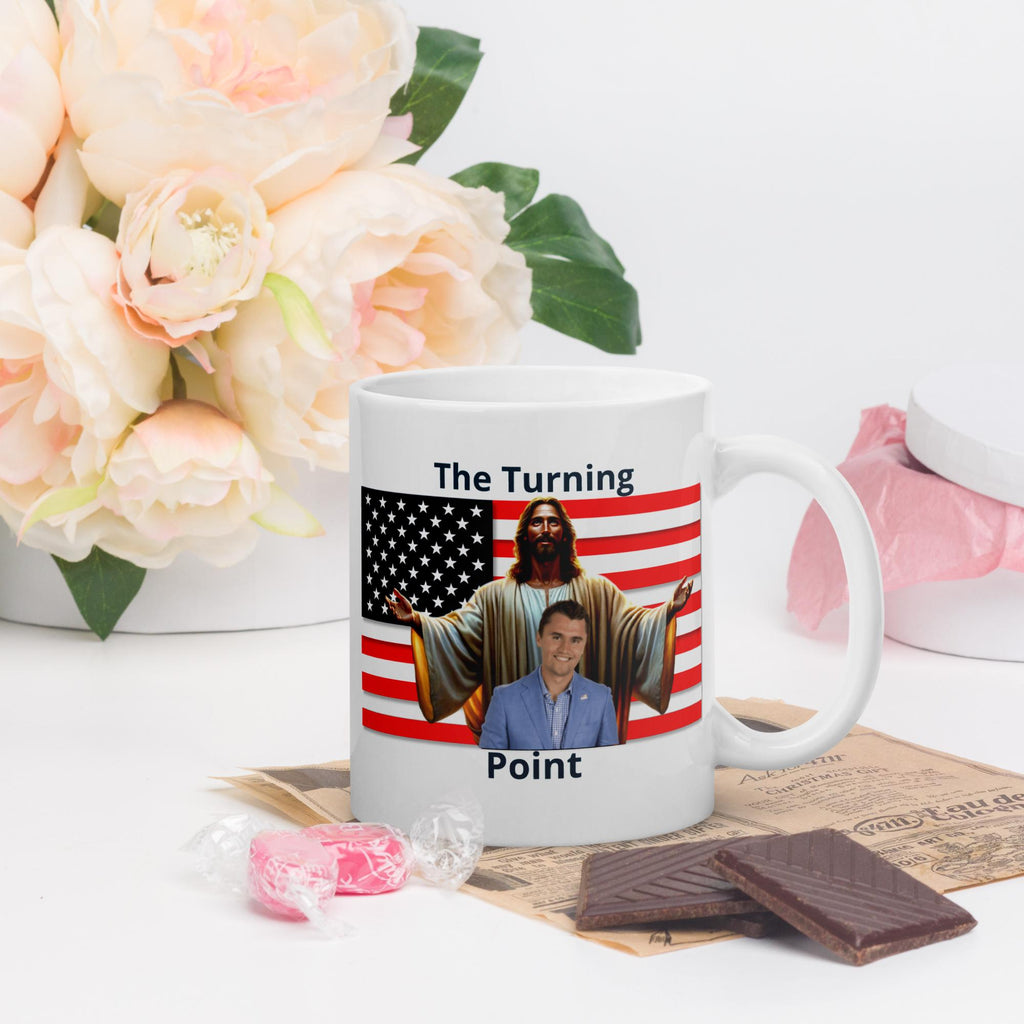 Charlie Kirk American Flag & Jesus White Glossy Mug – 11 oz | Patriotic Conservative Gift