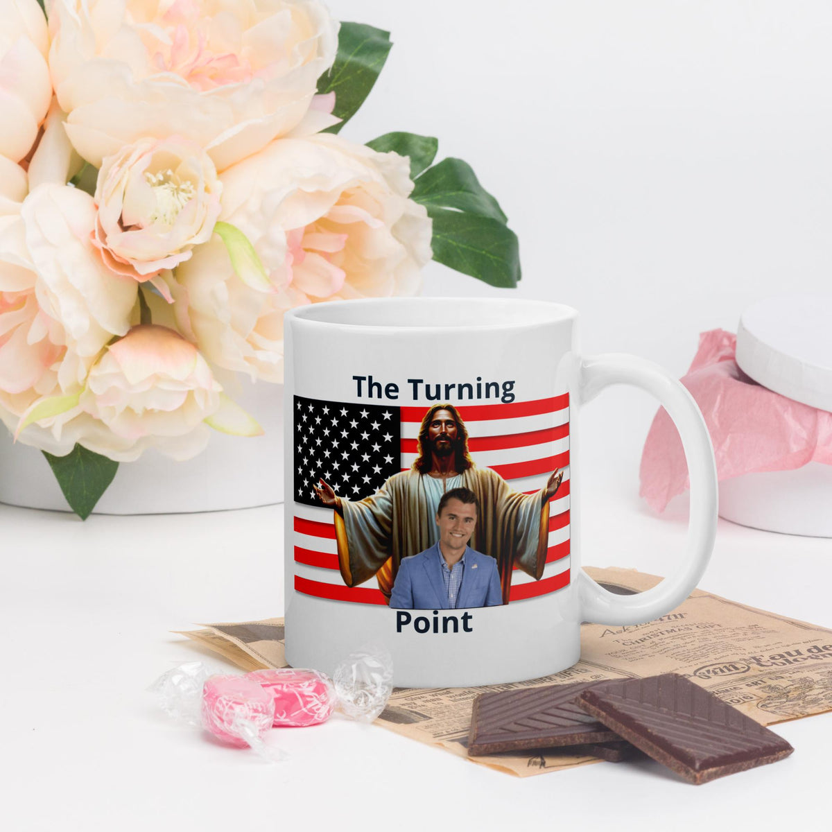 Charlie Kirk American Flag & Jesus White Glossy Mug – 11 oz | Patriotic Conservative Gift