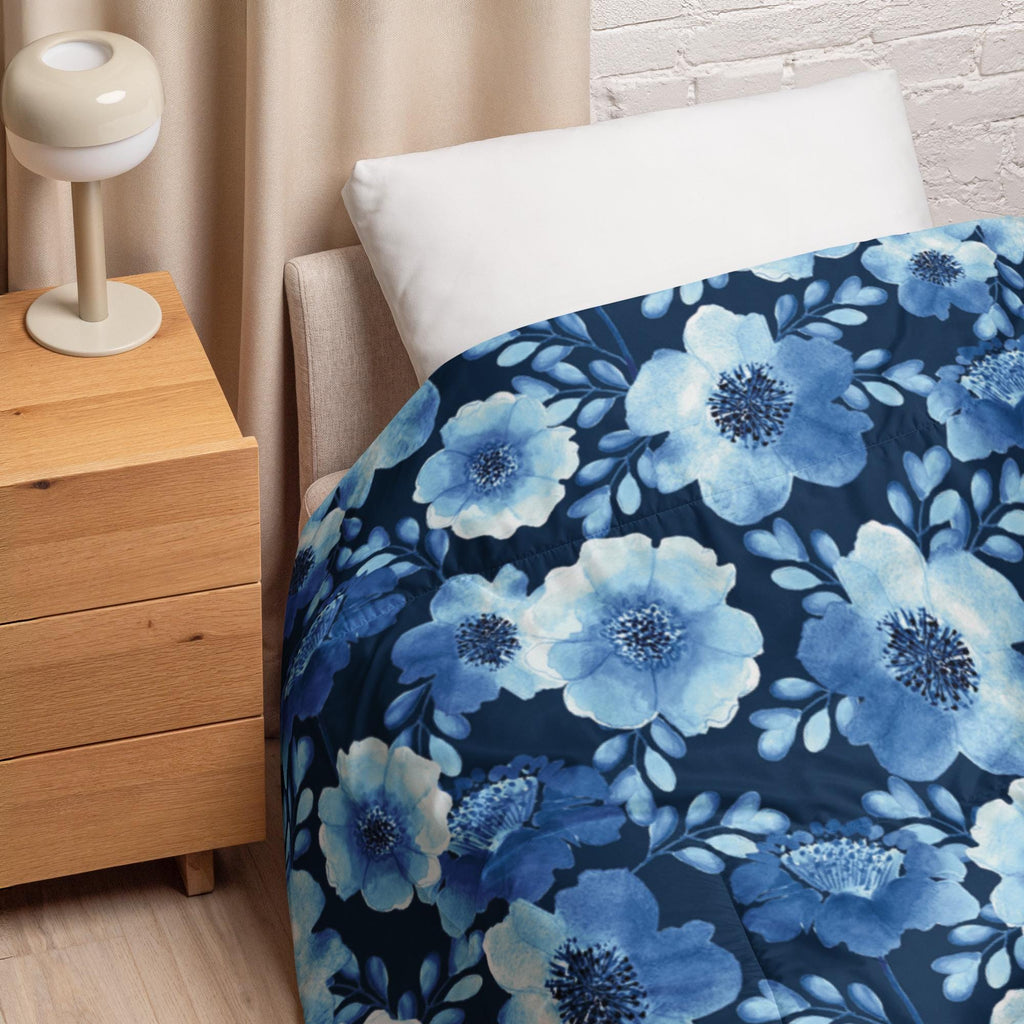 All-Over Blue Floral With Blue Background Design Comforter, King, Queen, Full, or Twin