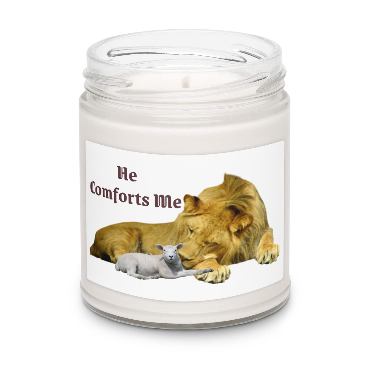"He Comforts Me" Lion & Lamb Scented Soy Candle With Lid – 9 oz | Christian Gift