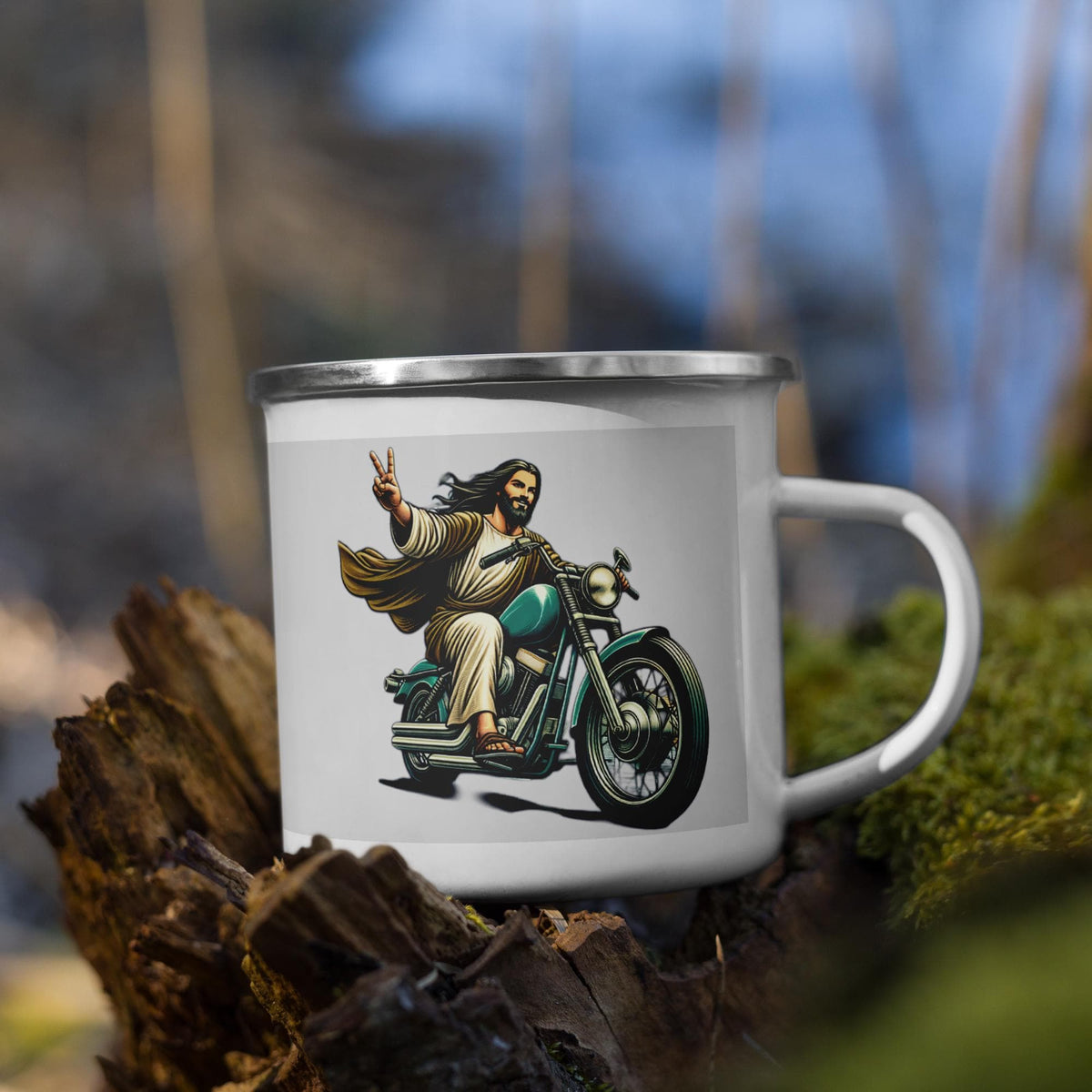 Jesus Riding Motorcycle Enamel Mug – 12 oz | Christian Biker Gift